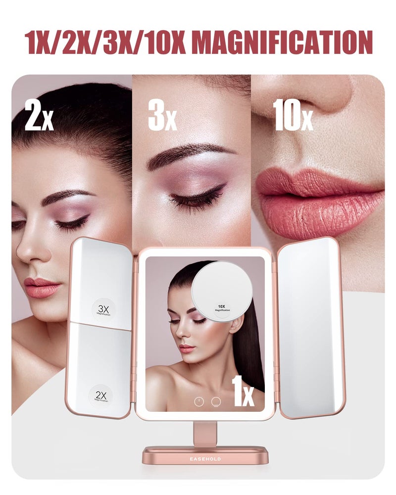 EASEHOLD Rechargable Makeup Mirror Vanity Mirror with Lights, 5000Mah & USB Cable, 112 LEDs Lighted Trifold Mirror with 1X 2X 3X 10X Magnification, Smart Touch, Portable Cosmetic Beauty Mirror - Image 4
